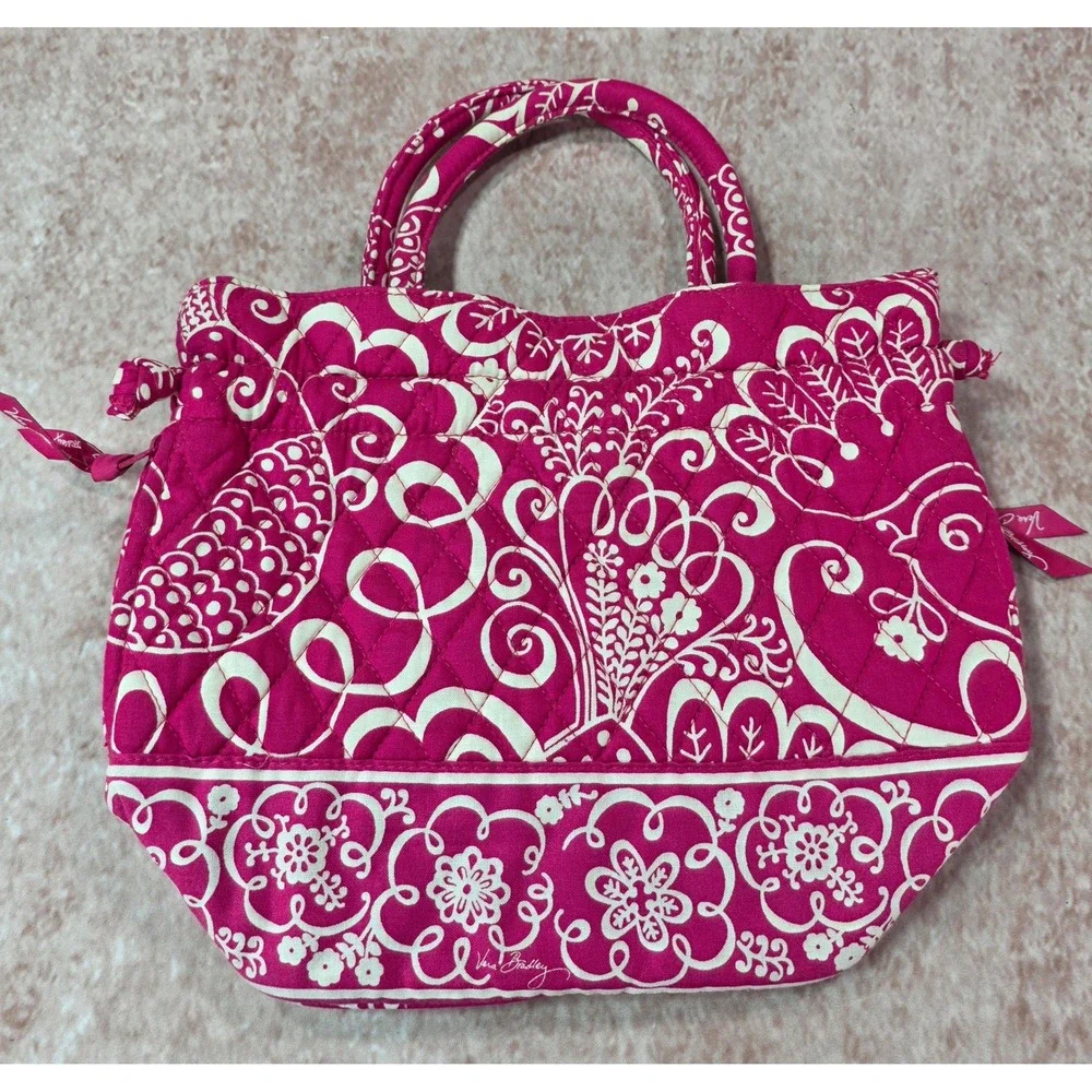 Vera Bradley Twirly Birds Pink Small Tote Handbag Quilted Cotton Floral Zip Top